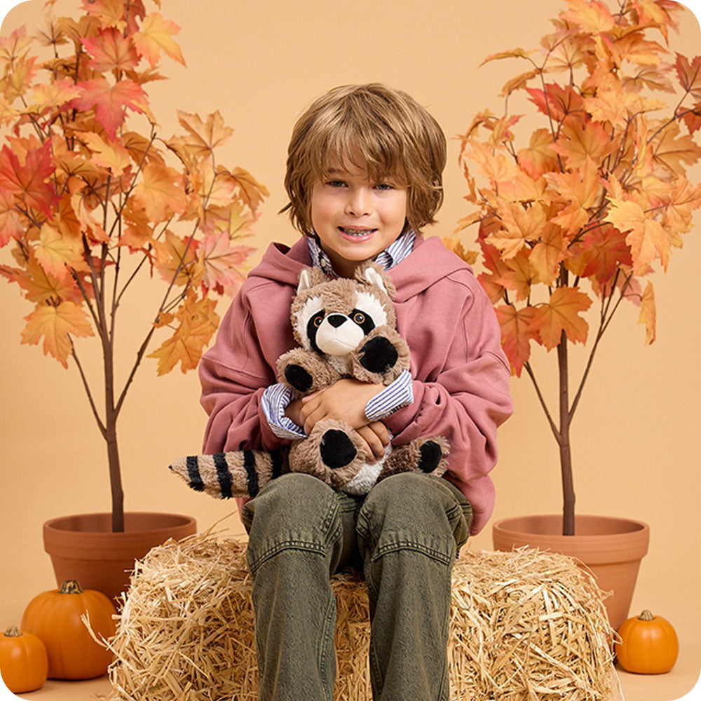 Image 105: boy holding raccoon stuffed animal in autumn setting