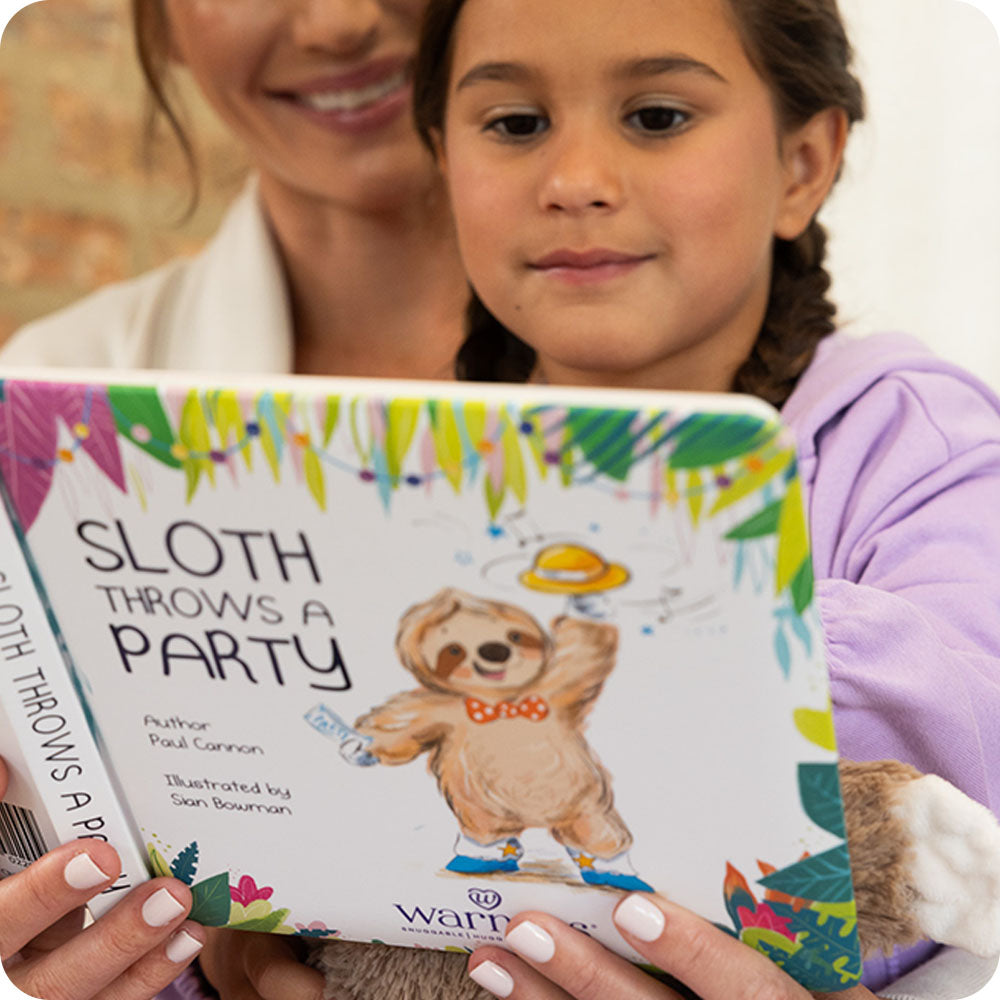 Image 87: girl and her mom reading Warmies Sloth Throws a Party book