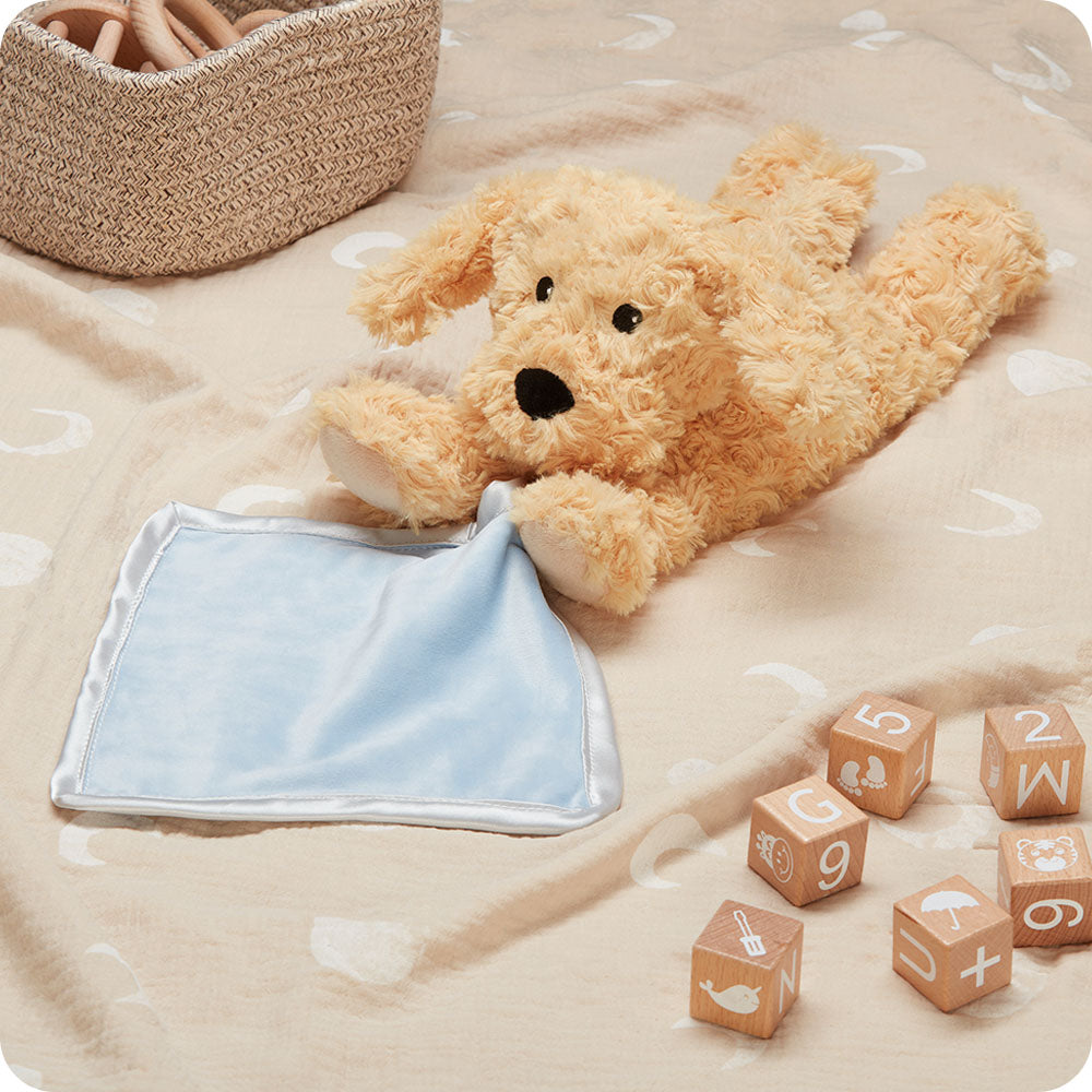 Image 95: warmies golden dog blankie on kids blanket with blocks