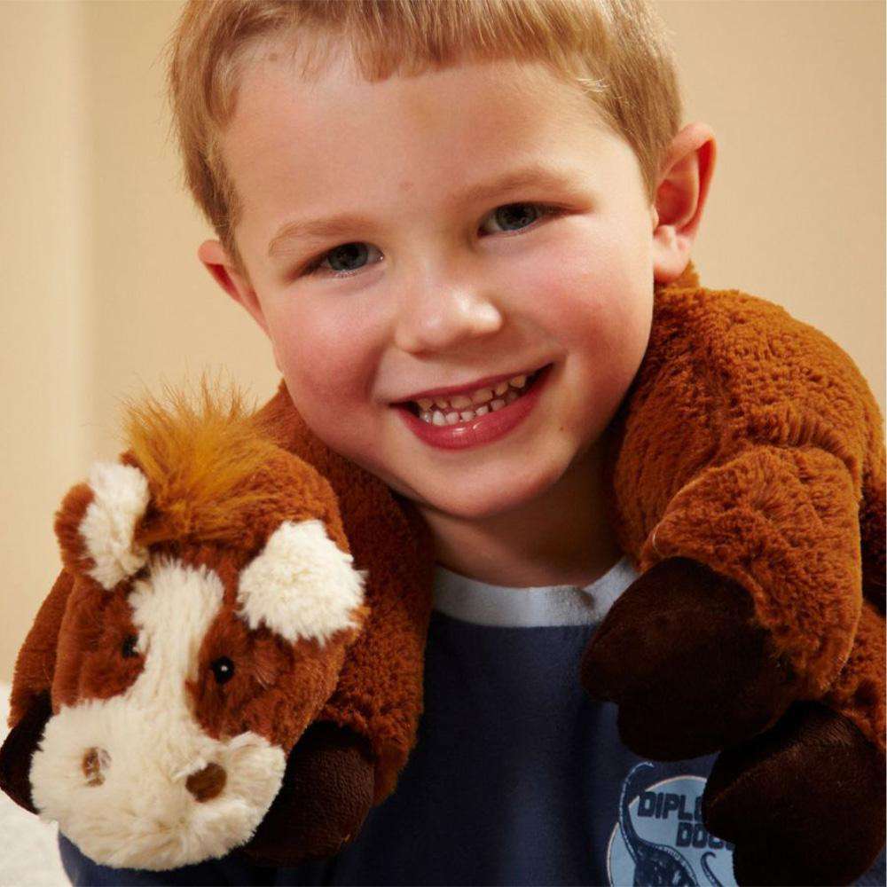 Image 94: Little boy smiling while wearing Cute Soft Horse Wrap Stuffed Animal Warmies