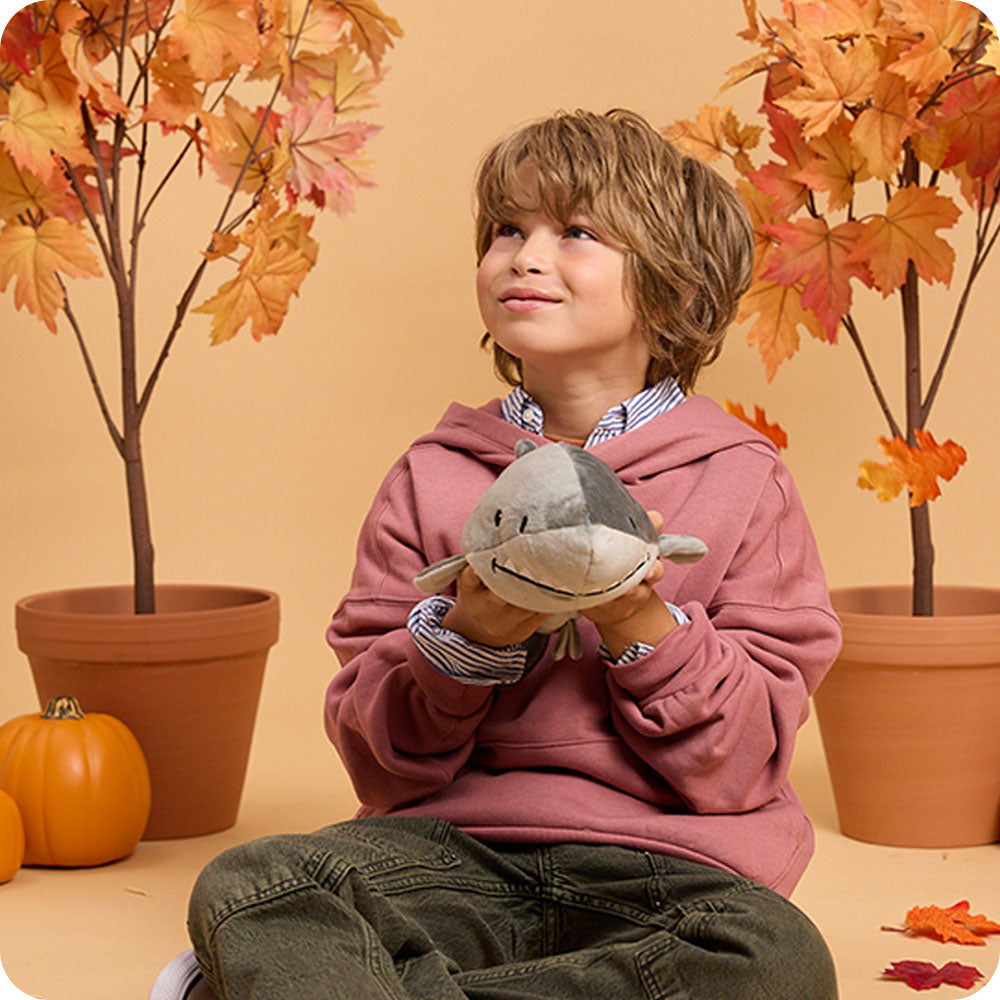 Image 102: boy holding shark stuffed animal in autumn setting