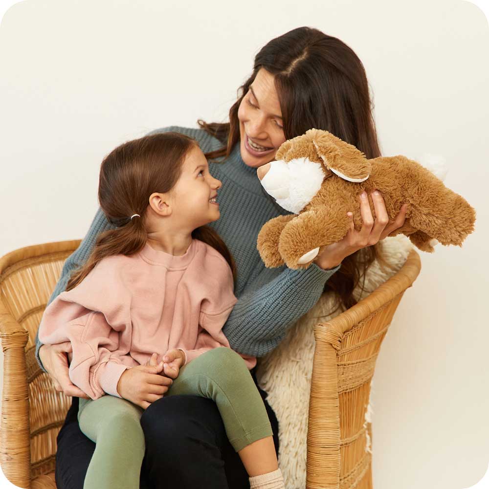 Image 105: Mother and daughter playing with Cute Weighted Lavender Scented Brown Bunny Stuffed Animal Heating Pad Warmies