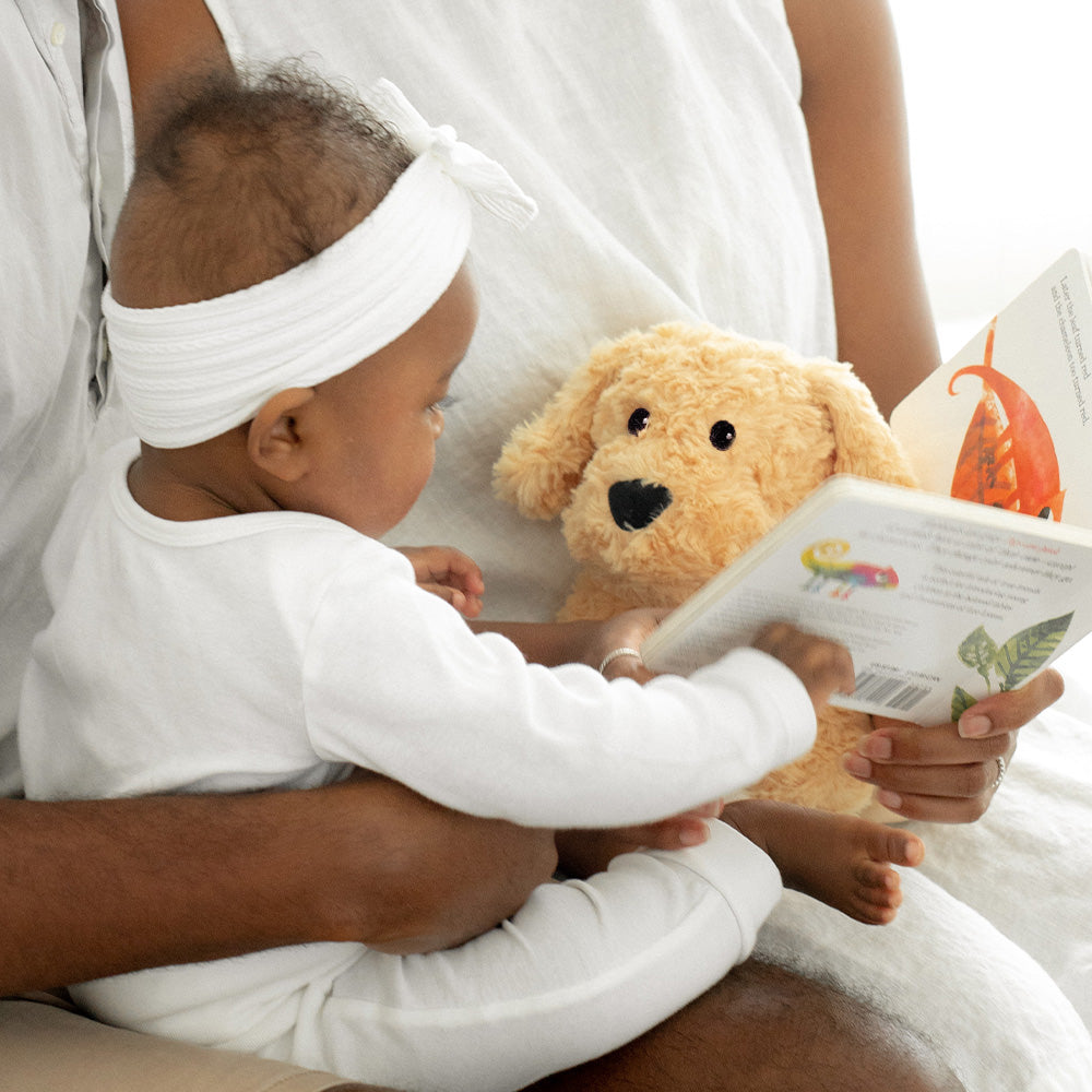 Image 101: Baby boy looking at Cute Weighted Lavender Scented Golden Dog Stuffed Animal Heating Pad Warmies