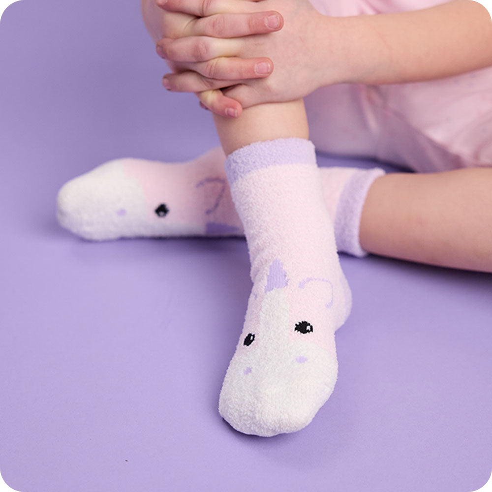 Image 109: kids unicorn socks on purple background