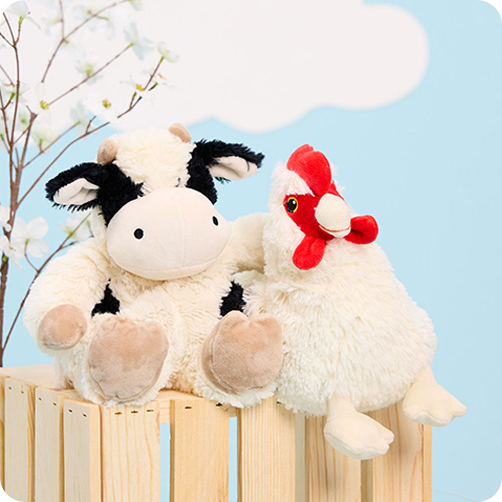 Image 106: cow warmies stuffed animal cuddling chicken warmies stuffed animal