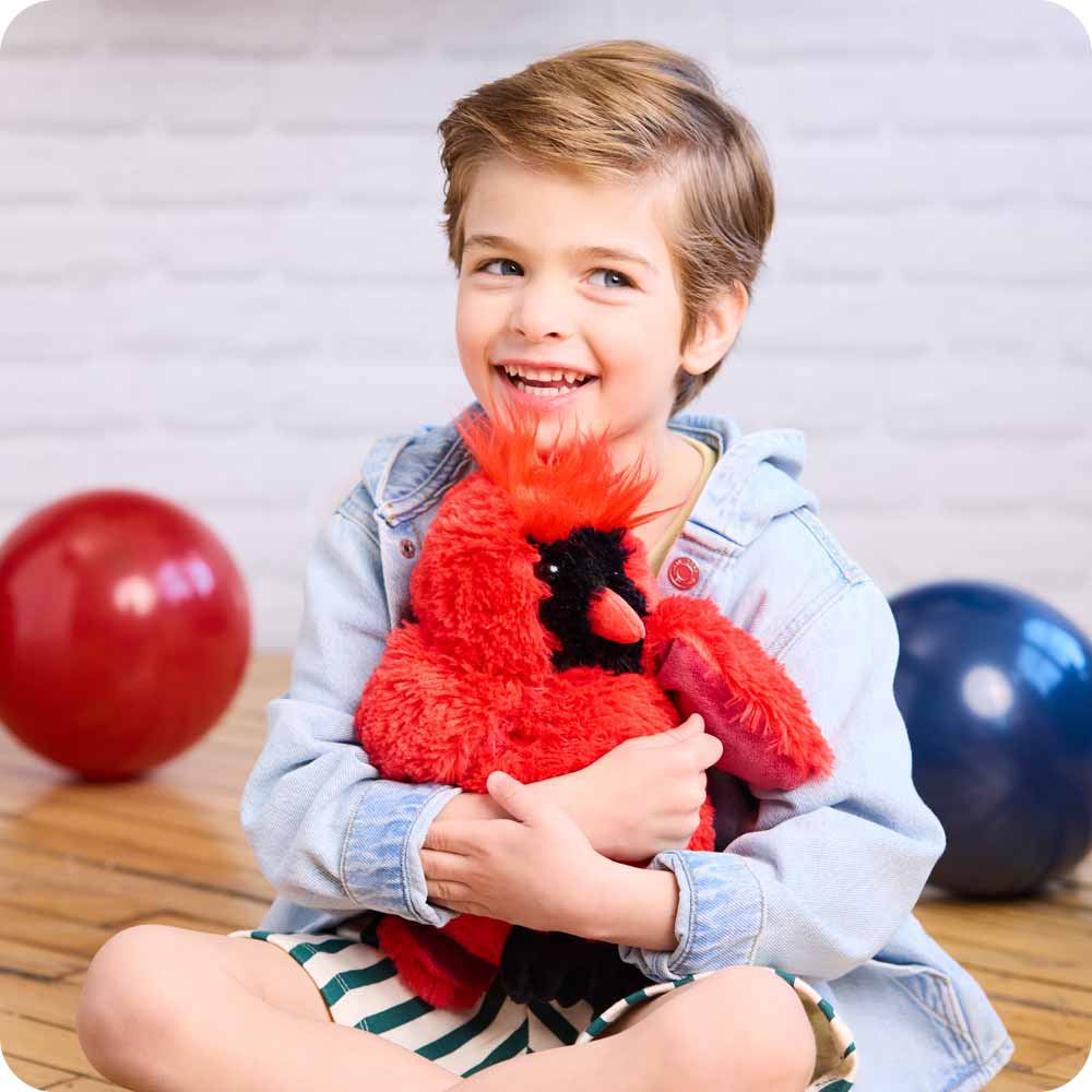 Image 102: Little boy in a jean jacket sitting on the floor surrounded by balloons and hugging a Red Cardinal Warmies