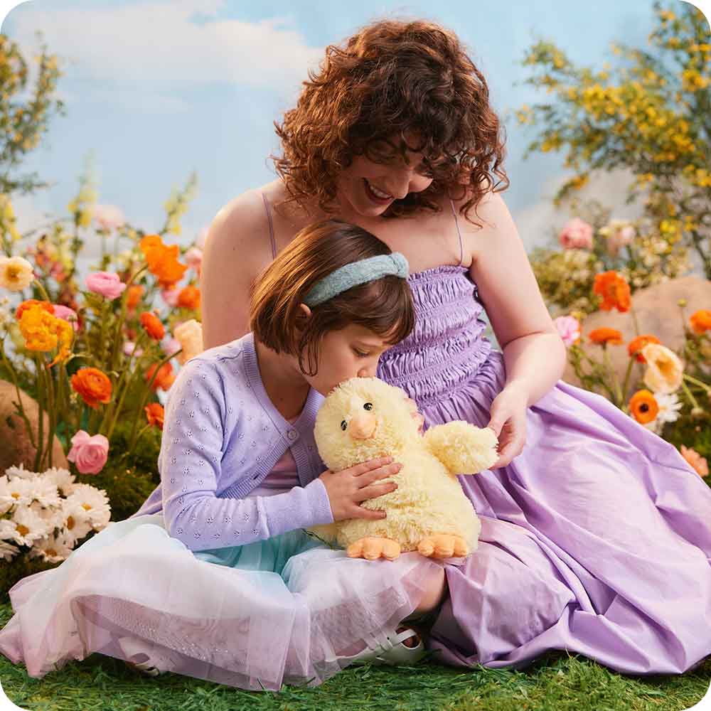 Image 102: Mother and daughter cuddling cute Weighted Lavender Scented Chick Stuffed Animal Heating Pad Warmies