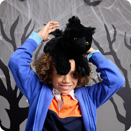 Image 98: boy with black cat stuffed animal on his head